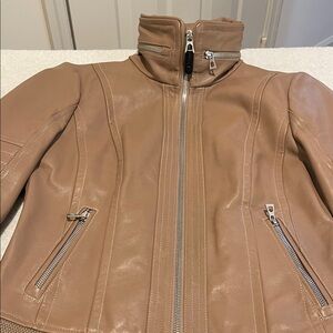 Women's Tan Soft Leather Cropped Jacket with Fabric Waistband. Size XS